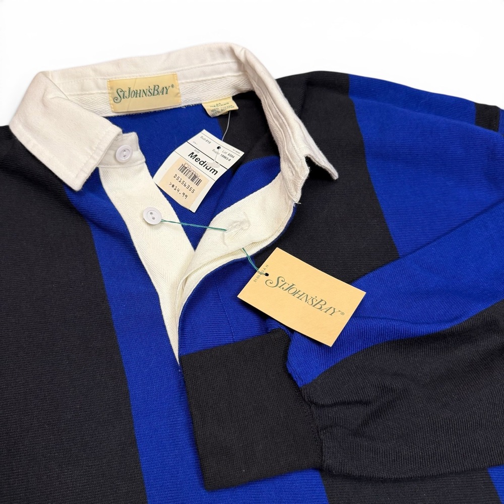 Vintage St Johns Bay Men Rugby Polo Shirt Blue Black Striped Rubber Button M NWT